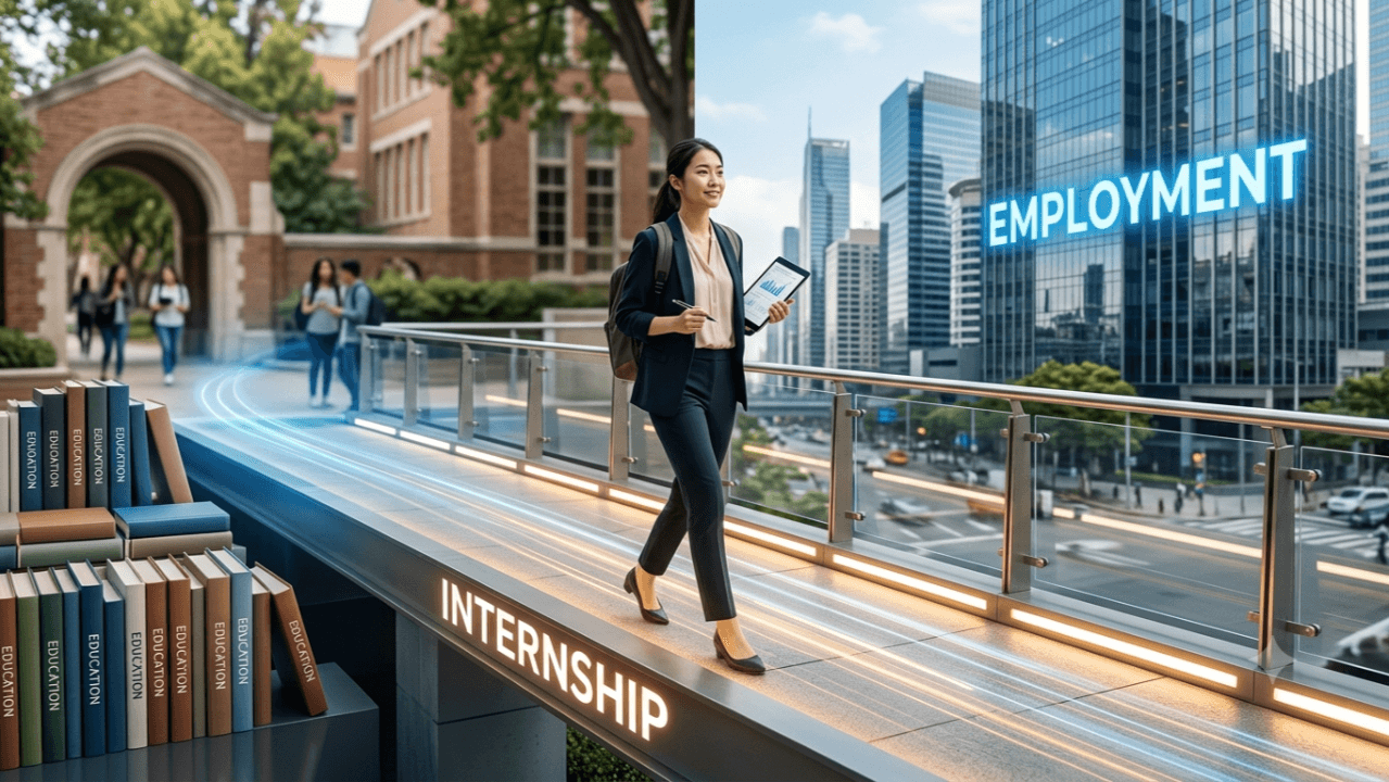Student walking from education, through internship, to employment